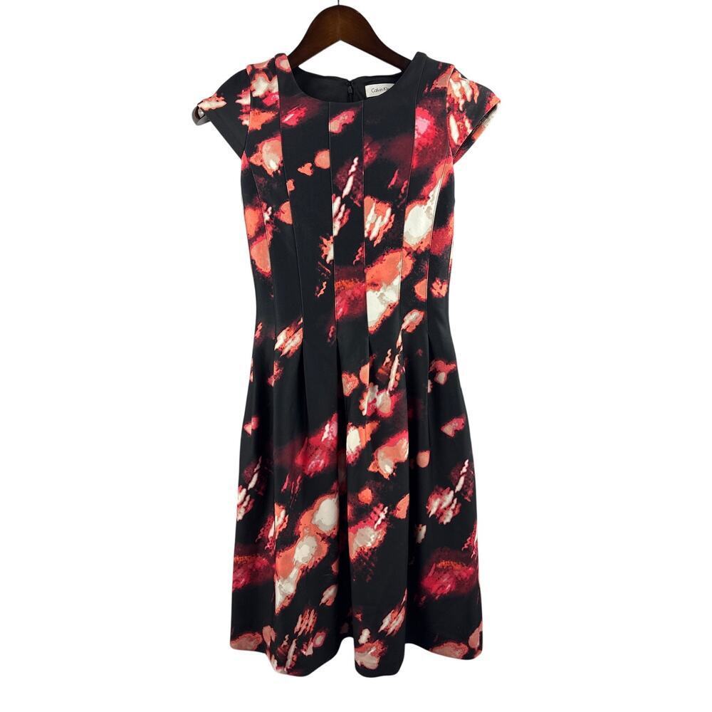 Women’s Calvin Klein Black Pleated Business Dress w/ Orange & Red Patterns